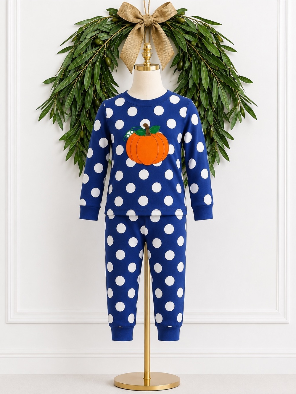 Classic Whimsy Blue Polka Dot Pajama Set Pumpkin 12-18 Months Halloween